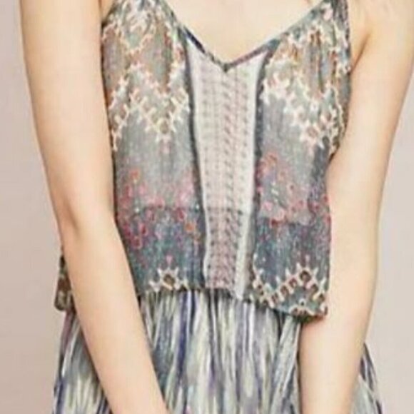 Anthropologie Floral Maxi Dress 2 Metallic Gray Pink Tiered Long Strappy Boho - Picture 8 of 9